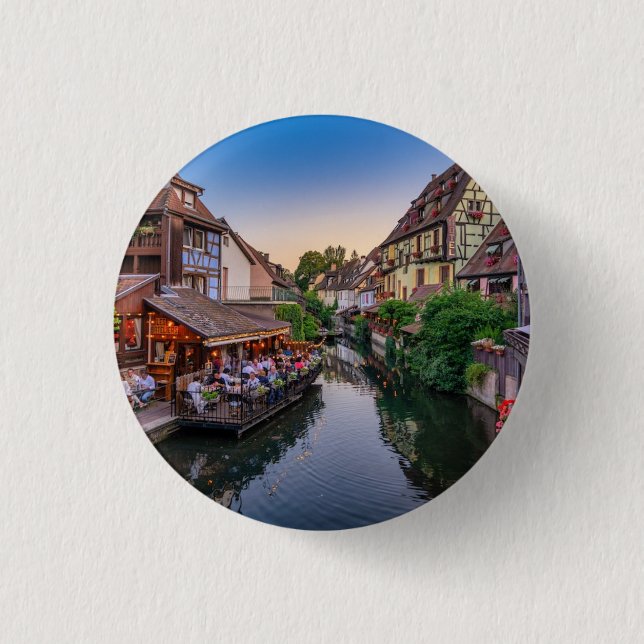Badge Rond 2,50 Cm Canal d'eau Fleur Alsace France (Devant)