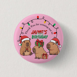 Badge Rond 2,50 Cm Capybara Rose Noël Anniversaire