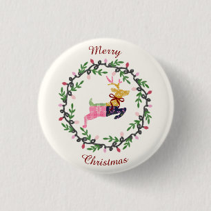 Badge Rond 2,50 Cm Cerf de Noël joyeux avec couronne personnalisable