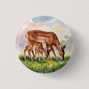 Badge Rond 2,50 Cm Cerf peint Mère et Bébé