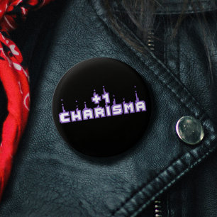 Badge Rond 2,50 Cm Charisme Stat Joueur Pixel Art Slogan Violet