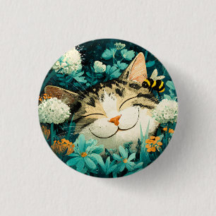 Badge Rond 2,50 Cm Chat de jardin endormi à l'aquarelle avec fleurs e