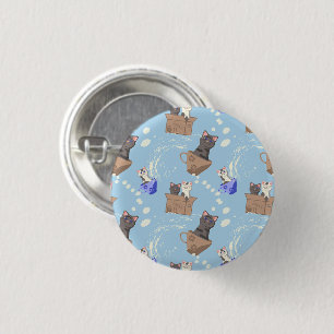 Badge Rond 2,50 Cm Chats en boîte et gouttes de lait sur bleu