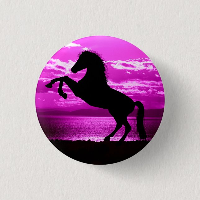 Badge Rond 2,50 Cm Cheval noir Ciel pourpre et eau (Devant)