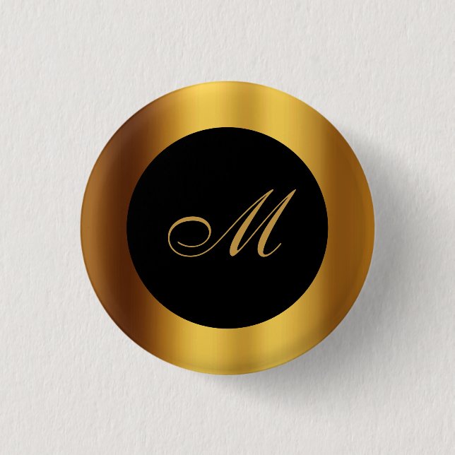 Badge Rond 2,50 Cm Chic Black Gold Calligraphie Bordure Monogramme (Devant)