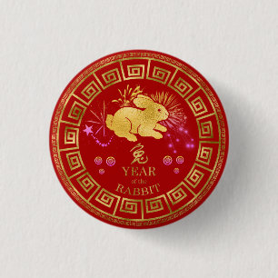 Badge Rond 2,50 Cm Chinese Zodiac Rabbit Red/Gold ID542