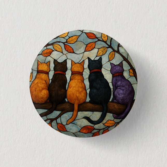 Badge Rond 2,50 Cm Cinq chats sur une branche d'arbre de style vitrai (Devant)