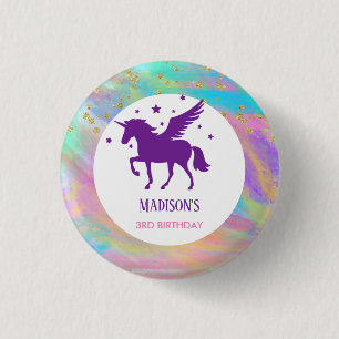 Badge Rond 2,50 Cm Colorée Or Speckled violet Unicorn Anniversaire