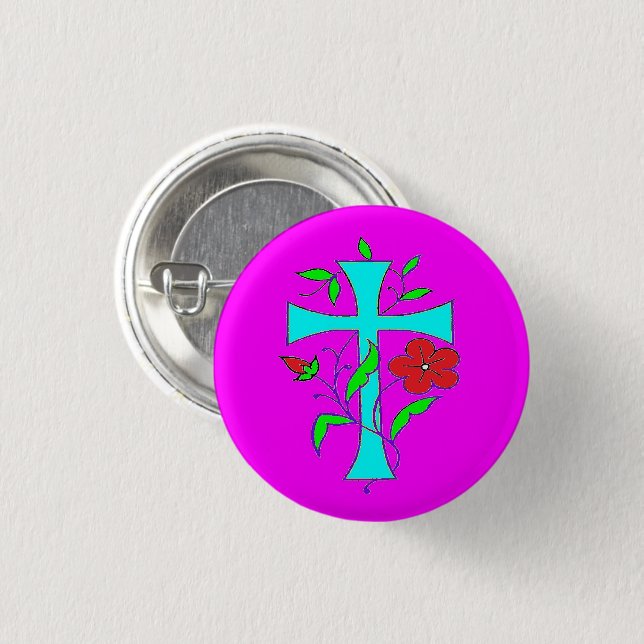 Badge Rond 2,50 Cm Couleur rose rougissant avec des fleurs rouges cro (Devant & derrière)