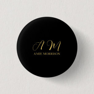 Badge Rond 2,50 Cm Couleurs d'or noir Monogramme Lettre initiale Nom