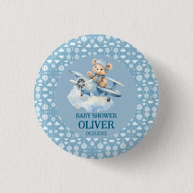 Badge Rond 2,50 Cm Coupe Bear Blue Plane Time Vol Un 1er anniversaire (Devant)