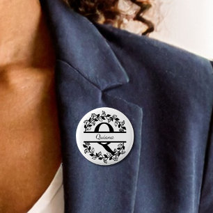 Badge Rond 2,50 Cm Couronne florale noire moderne avec monogramme "Q"