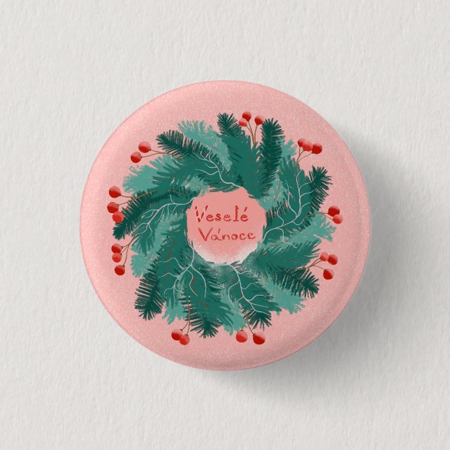 Badge Rond 2,50 Cm Couronne tchèque de Noël Joyeux (Devant)