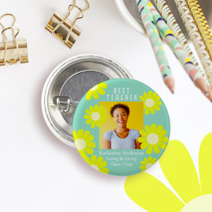 Badge Rond 2,50 Cm Daisy Meilleure Enseignante Photo Turquoise