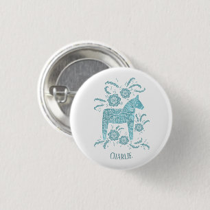 Badge Rond 2,50 Cm Dala Horse Teal Swedish Folk Art Custom Name