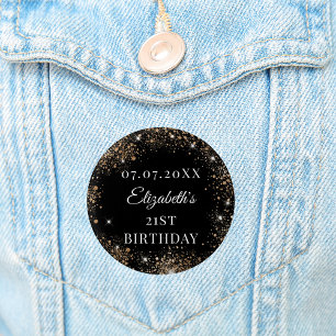 Badge Rond 2,50 Cm Date d'anniversaire noir or paillettes nom