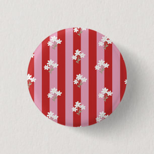 Badge Rond 2,50 Cm dessin à rayures rouges et roses avec des fleurs b