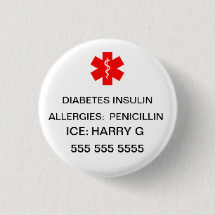Badge Rond 2,50 Cm Détails d'urgence d'alerte médicale vitale