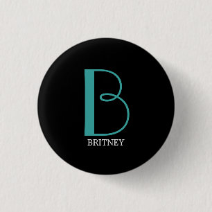 Badge Rond 2,50 Cm DIY Large Monogram & Name, Teal/White Text, Black
