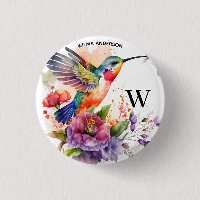 Badge Rond 2,50 Cm Élégant Aquarelle Monogramme de colibri avec nom (Devant)