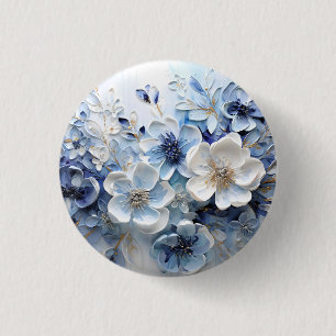 Badge Rond 2,50 Cm Élégant Moderne Botanique Florale Bleu Blanc