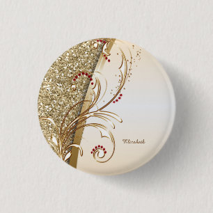 Badge Rond 2,50 Cm Élégantes Volutes Pailletées d'Or