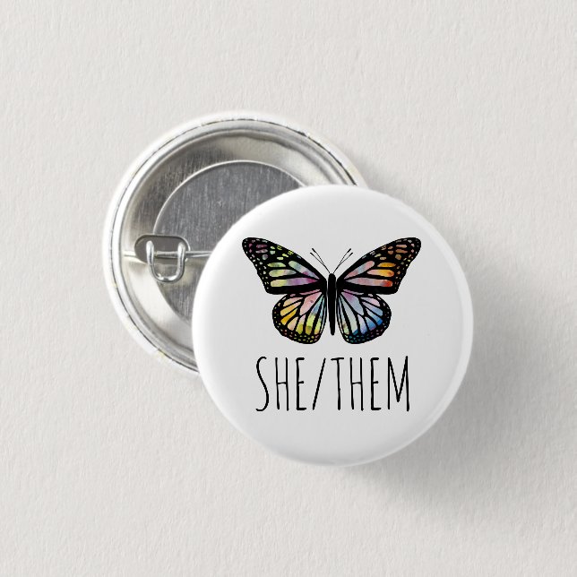 Badge Rond 2,50 Cm ELLE/EUX Pronounounounounounes Aquarelle Papillon (Devant & derrière)