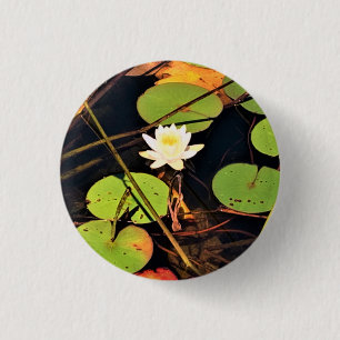 Badge Rond 2,50 Cm "Ethérée Lily Pad Pond avec Central White Blossom