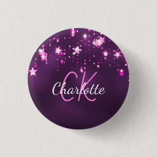 Badge Rond 2,50 Cm Étoiles scintillantes violettes monogramme personn