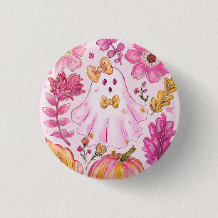 Badge Rond 2,50 Cm Fantôme de Halloween rose pastel avec des fleurs e