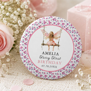 Badge Rond 2,50 Cm Fée Première aquarelle Florale Filles 1er annivers