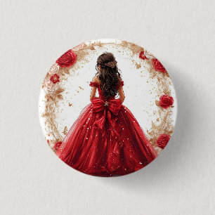 Badge Rond 2,50 Cm Femme élégante dans une robe rouge entourée de ros