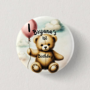 Badge Rond 2,50 Cm Fête d'anniversaire 1 an Teddy Bear Blue Balloon