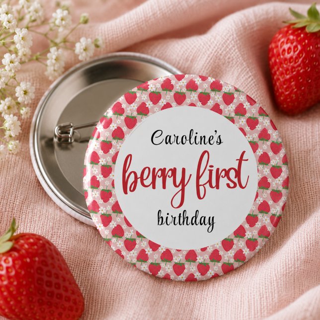 Badge Rond 2,50 Cm Fête d'anniversaire Berry Sweet Strawberry 1 an (Berry Sweet Strawberry 1st Birthday Party Button)