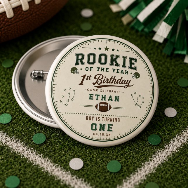 Badge Rond 2,50 Cm Fête d'anniversaire de Football Green Recrue 1ère  (Football Green Rookie 1st Birthday party Button
)