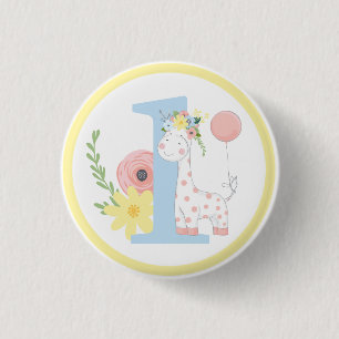 Badge Rond 2,50 Cm Fête d'anniversaire numéro un pour bébé girafe ave