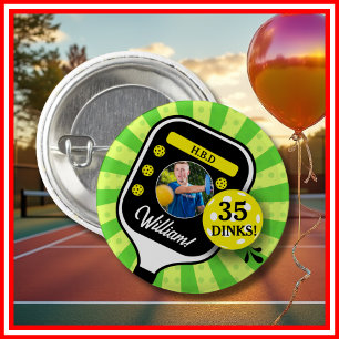 Badge Rond 2,50 Cm Fête d'anniversaire Pickleball PHOTO RETRO Vert Sp