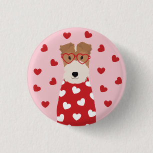 Badge Rond 2,50 Cm Fil Fox Terrier Lunettes de coeur de chien rose ro