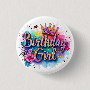 Badge Rond 2,50 Cm Fille d'anniversaire florale arc-en-ciel