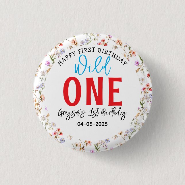 Badge Rond 2,50 Cm Fille fleur sauvage 1ère fête d'anniversaire (Devant)