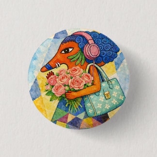 Badge Rond 2,50 Cm Fille renard fantaisiste avec roses Illustration a