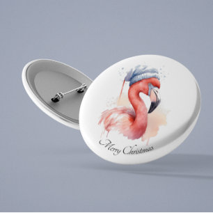Badge Rond 2,50 Cm Flamant rose de neige de Santa, personnalisé