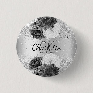 Badge Rond 2,50 Cm Fleurs d'argent élégant nom tag