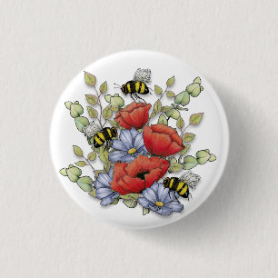 Badge Rond 2,50 Cm Fleurs de pavot et dessin numérique de abeilles, b