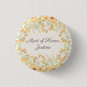 Badge Rond 2,50 Cm Fleurs Jaune Pastel Demoiselle d'Honneur