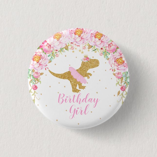 Badge Rond 2,50 Cm Floral Dinosaur T-Rex Fille d'anniversaire Guest d (Devant)