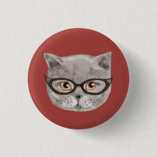 Badge Rond 2,50 Cm Fluffy gris chat portant des lunettes