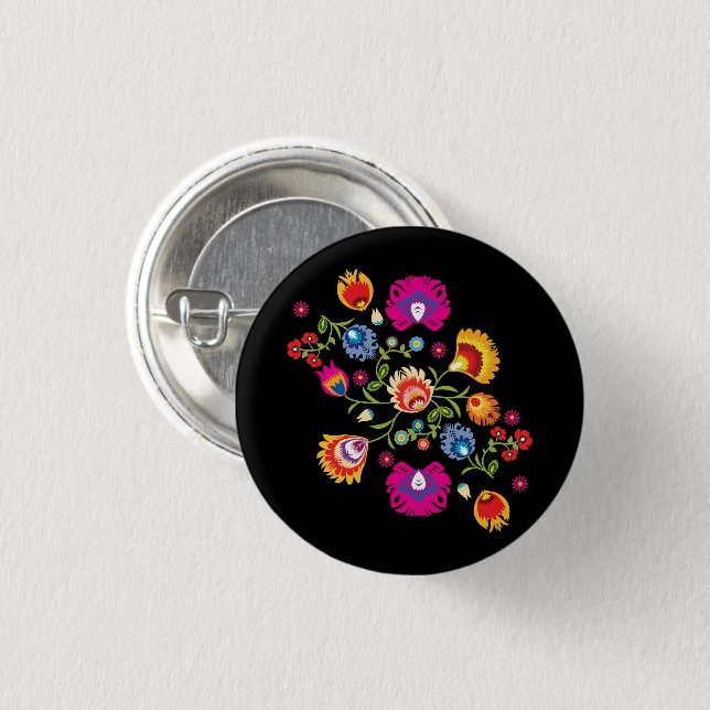 Badge Rond 2,50 Cm folklore polonais avec fleurs roses (Devant & derrière)