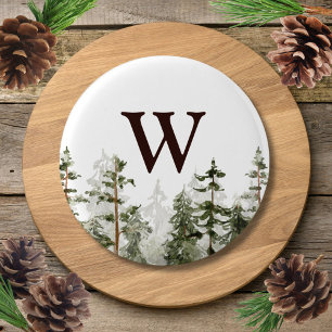 Badge Rond 2,50 Cm Forêt Verte Rustique Monogramme Aquarelle