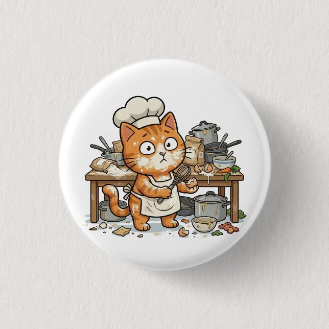 Badge Rond 2,50 Cm Funny Chef Cat Messy Kitchen Button (Devant)